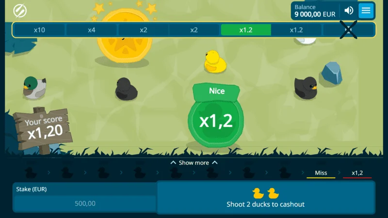 Exploding Ducks - et succesfuldt skud med en x1.2 multiplikator